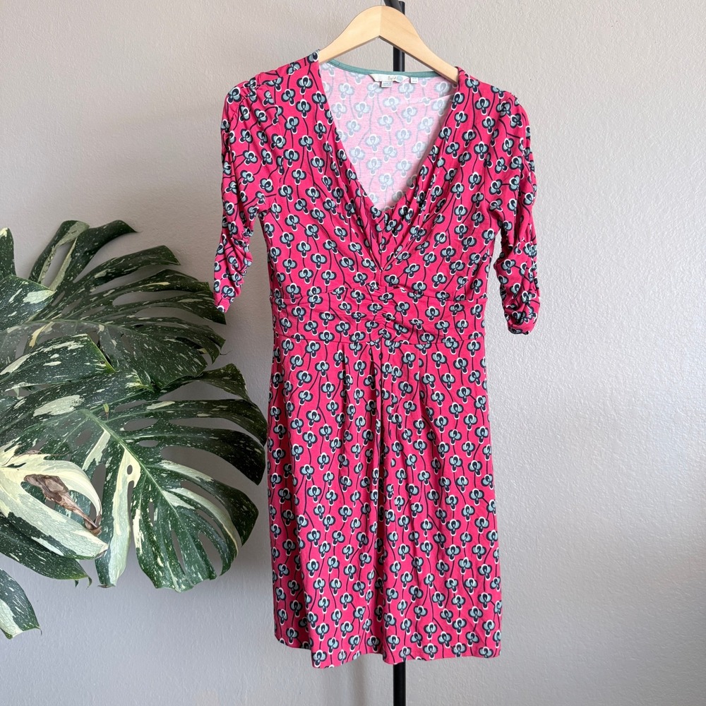 Boden Women's Red Blue Floral V‎ Neck 3/4 Sleeve Gathered Waist Dress US 6 UK 10